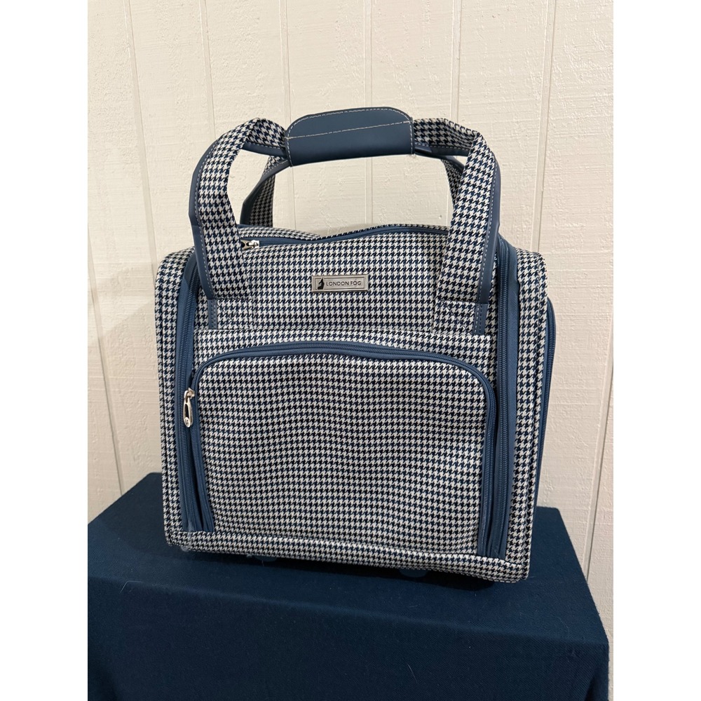 London Fog Blue Houndstooth Underseat Rolling Suitcase Carry On Bag- NWOT